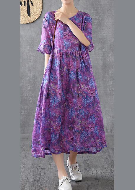 Loose o neck Petal Sleeve linen Robes Fashion Ideas purple print Dress summer - bagstylebliss