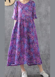 Loose o neck Petal Sleeve linen Robes Fashion Ideas purple print Dress summer - bagstylebliss