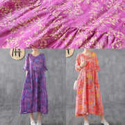 Loose o neck Petal Sleeve linen Robes Fashion Ideas purple print Dress summer - bagstylebliss