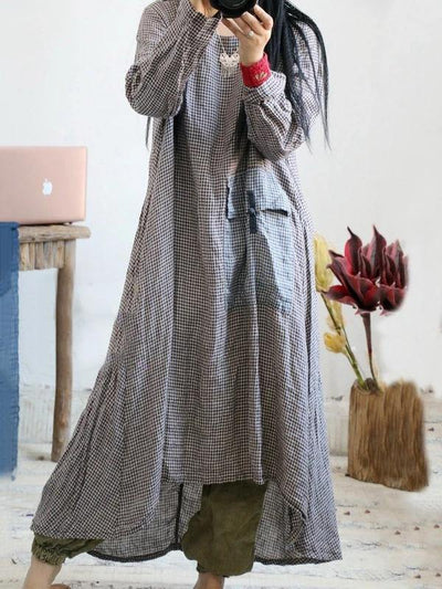 Loose o neck asymmetric cotton linen Soft Surroundings Wardrobes plaid Dress - bagstylebliss