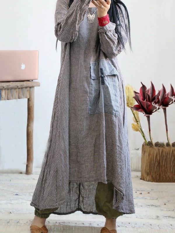 Loose o neck asymmetric cotton linen Soft Surroundings Wardrobes plaid Dress - bagstylebliss