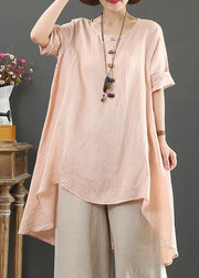 Loose o neck asymmetric linen summer linen tops women pattern pink shirts - bagstylebliss