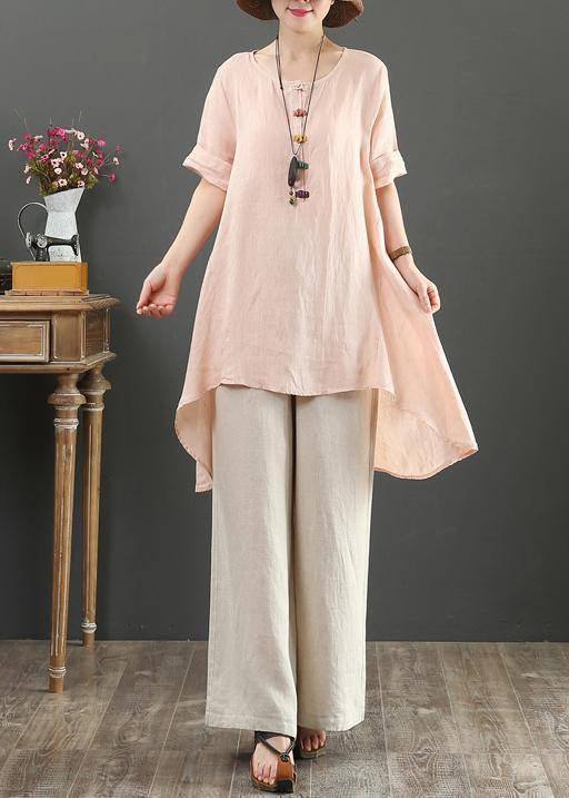 Loose o neck asymmetric linen summer linen tops women pattern pink shirts - bagstylebliss