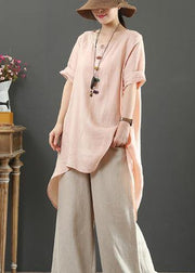 Loose o neck asymmetric linen summer linen tops women pattern pink shirts - bagstylebliss