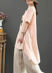 Loose o neck asymmetric linen summer linen tops women pattern pink shirts - bagstylebliss