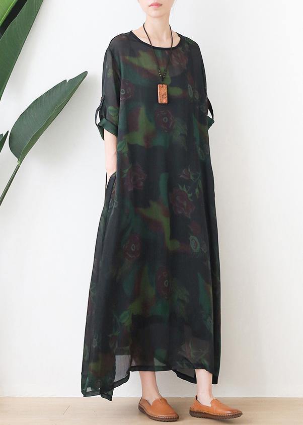 Loose o neck chiffon kaftans Casual green print Maxi Dresses - bagstylebliss