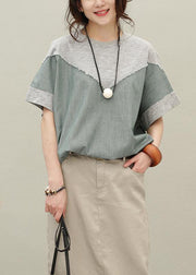 Loose o neck patchwork cotton summer Blouse pattern gray tops - bagstylebliss