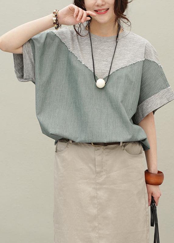 Loose o neck patchwork cotton summer Blouse pattern gray tops - bagstylebliss