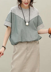 Loose o neck patchwork cotton summer Blouse pattern gray tops - bagstylebliss