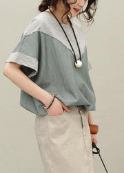 Loose o neck patchwork cotton summer Blouse pattern gray tops - bagstylebliss