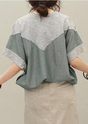 Loose o neck patchwork cotton summer Blouse pattern gray tops - bagstylebliss