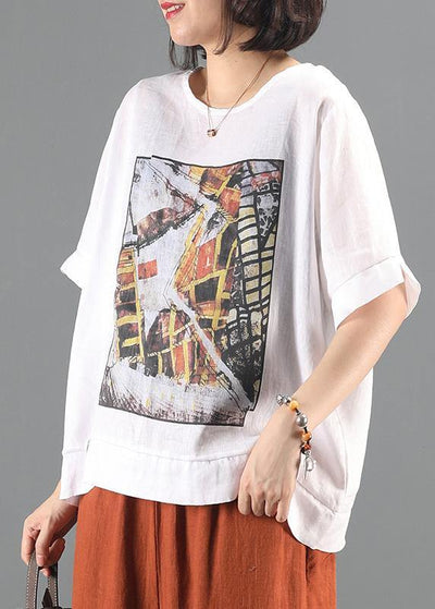 Loose o neck patchwork tunic top white print oversized tops - bagstylebliss