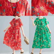 Loose o neck patchwork Cinched cotton dresses Outfits green print Traveling Dresses summer - bagstylebliss