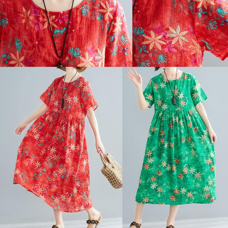 Loose o neck patchwork Cinched cotton dresses Outfits green print Traveling Dresses summer - bagstylebliss