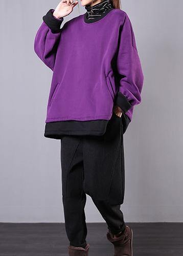 Loose o neck pockets cotton clothes For Women Inspiration purple shirts - bagstylebliss