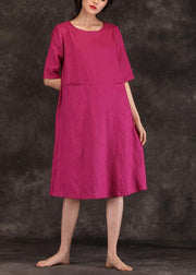 Loose o neck pockets linen dresses Work Outfits burgundy Dress summer - bagstylebliss