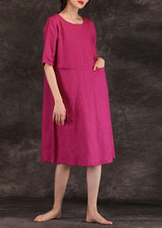 Loose o neck pockets linen dresses Work Outfits burgundy Dress summer - bagstylebliss