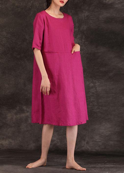 Loose o neck pockets linen dresses Work Outfits burgundy Dress summer - bagstylebliss