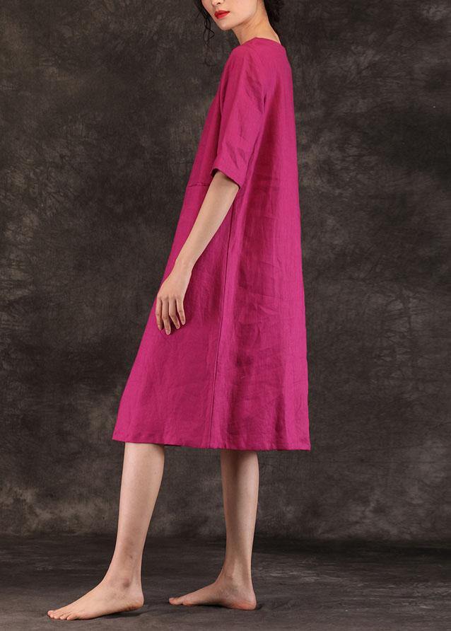 Loose o neck pockets linen dresses Work Outfits burgundy Dress summer - bagstylebliss