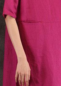 Loose o neck pockets linen dresses Work Outfits burgundy Dress summer - bagstylebliss