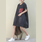 Loose o neck red pockets Cotton quilting dresses Inspiration denim black Dress - bagstylebliss