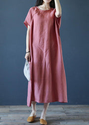 Loose o neck short sleeve linen dresses Sewing pink Dresses - bagstylebliss