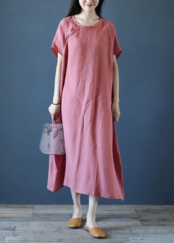 Loose o neck short sleeve linen dresses Sewing pink Dresses - bagstylebliss