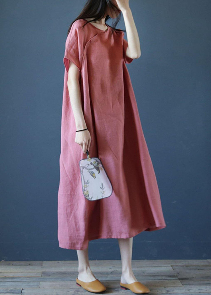 Loose o neck short sleeve linen dresses Sewing pink Dresses - bagstylebliss