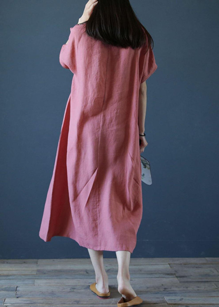 Loose o neck short sleeve linen dresses Sewing pink Dresses - bagstylebliss