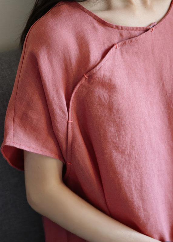 Loose o neck short sleeve linen dresses Sewing pink Dresses - bagstylebliss