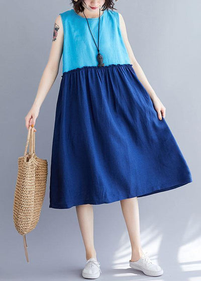 Loose o neck sleevless cotton linen quilting clothes Catwalk blue Dresses summer - bagstylebliss