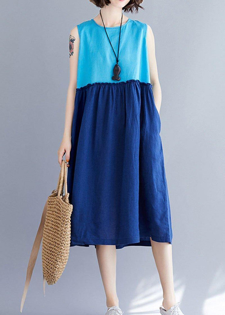 Loose o neck sleevless cotton linen quilting clothes Catwalk blue Dresses summer - bagstylebliss