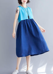 Loose o neck sleevless cotton linen quilting clothes Catwalk blue Dresses summer - bagstylebliss