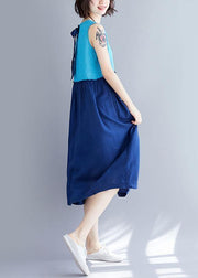 Loose o neck sleevless cotton linen quilting clothes Catwalk blue Dresses summer - bagstylebliss