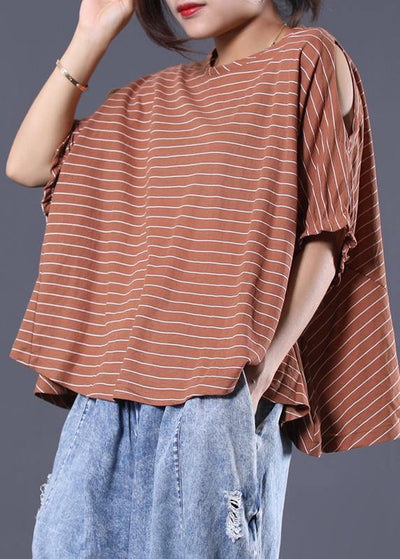Loose off the shoulder sleeve cotton crane tops Cotton dark khaki striped tops summer - bagstylebliss