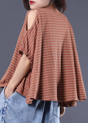 Loose off the shoulder sleeve cotton crane tops Cotton dark khaki striped tops summer - bagstylebliss
