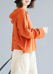 Loose orange cotton blouses for women hooded loose fall top - bagstylebliss
