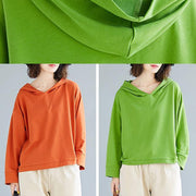 Loose orange cotton blouses for women hooded loose fall top - bagstylebliss