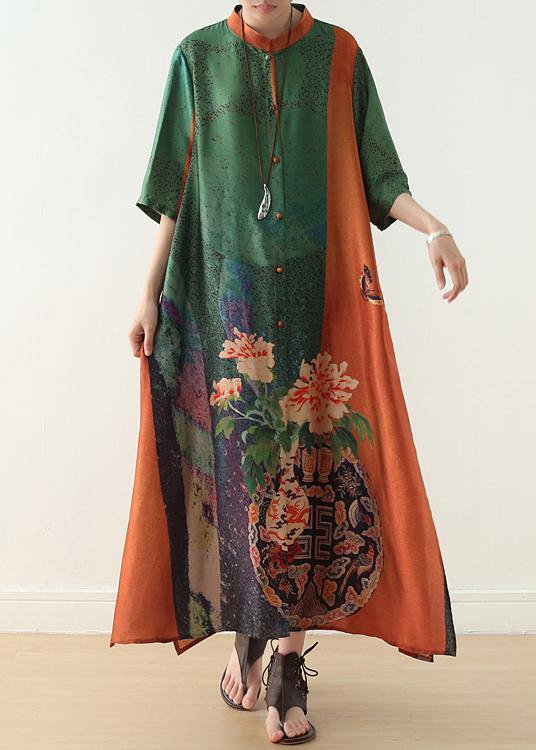 Loose orange green print chiffon Robes Century Shirts stand collar half sleeve Summer Dress - bagstylebliss