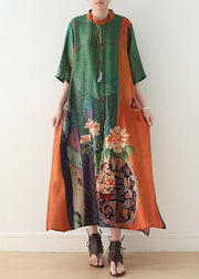 Loose orange green print chiffon Robes Century Shirts stand collar half sleeve Summer Dress - bagstylebliss