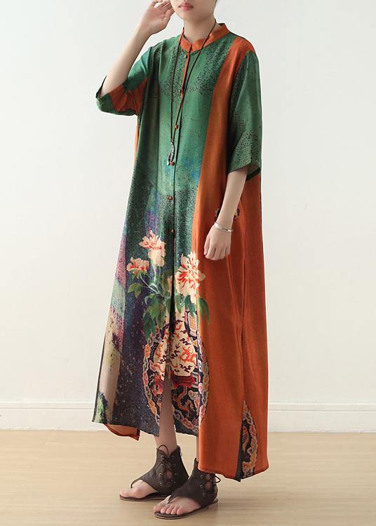 Loose orange green print chiffon Robes Century Shirts stand collar half sleeve Summer Dress - bagstylebliss