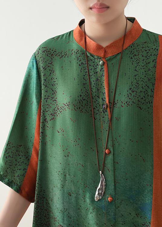 Loose orange green print chiffon Robes Century Shirts stand collar half sleeve Summer Dress - bagstylebliss