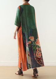 Loose orange green print chiffon Robes Century Shirts stand collar half sleeve Summer Dress - bagstylebliss