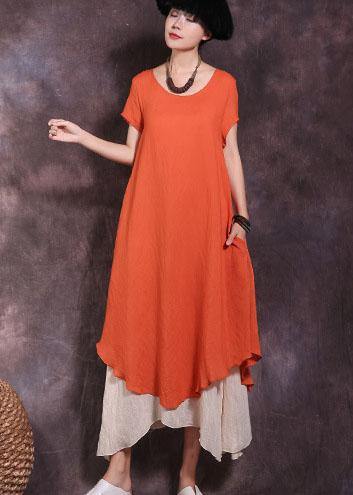 Loose orange short sleeve linen dress false two pieces loose summer Dress - bagstylebliss