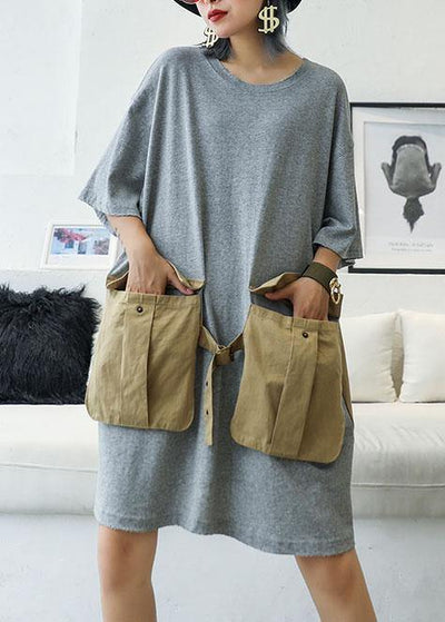 Loose patchwork big pockets Cotton clothes Women Inspiration gray Dresses summer - bagstylebliss