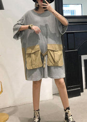 Loose patchwork big pockets Cotton clothes Women Inspiration gray Dresses summer - bagstylebliss