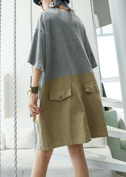 Loose patchwork big pockets Cotton clothes Women Inspiration gray Dresses summer - bagstylebliss