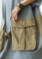 Loose patchwork big pockets Cotton clothes Women Inspiration gray Dresses summer - bagstylebliss