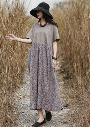 Loose patchwork linen Long Shirts Neckline gray Dress summer - bagstylebliss