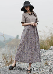 Loose patchwork linen Long Shirts Neckline gray Dress summer - bagstylebliss